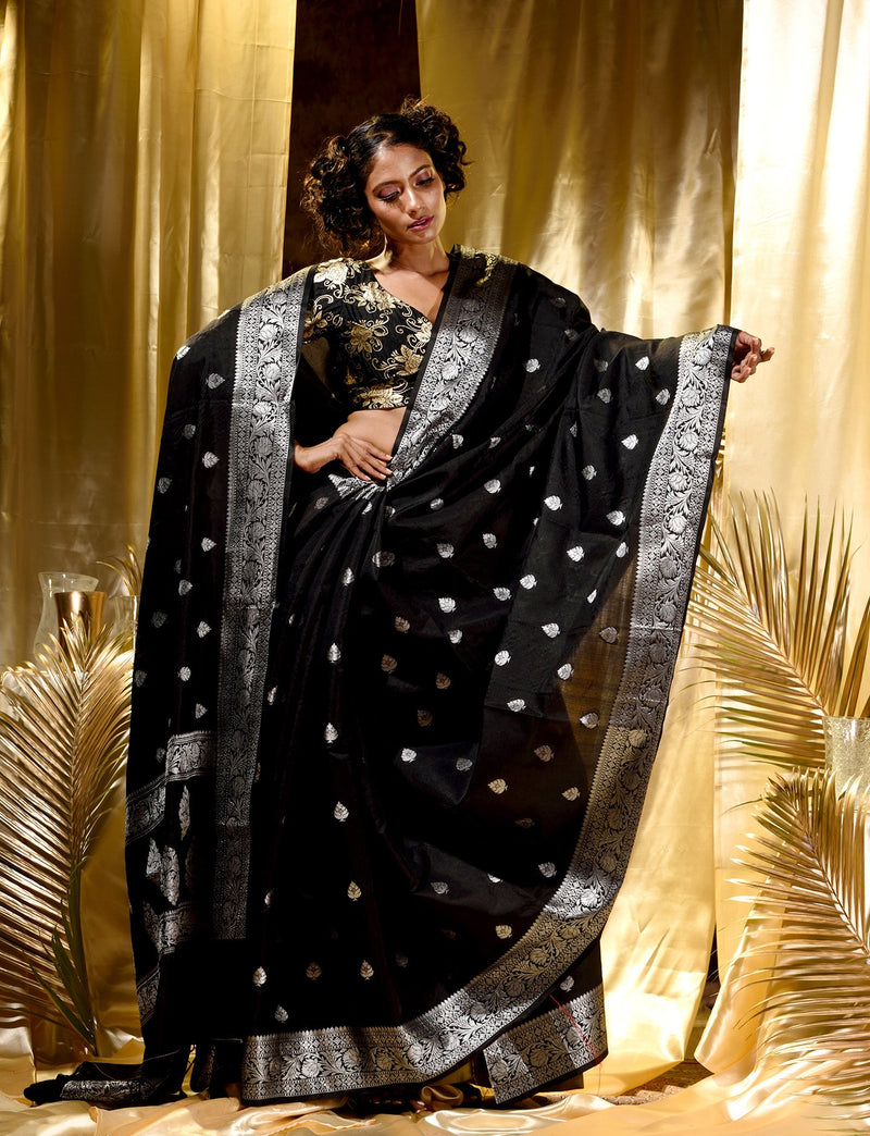Black Silk Saree with silver zari